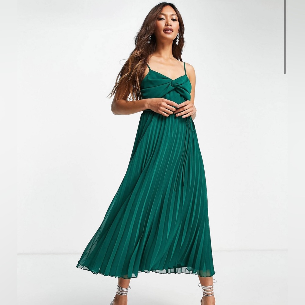 ASOS DESIGN twist front pleated cami midi dress with belt in forest green NWOT